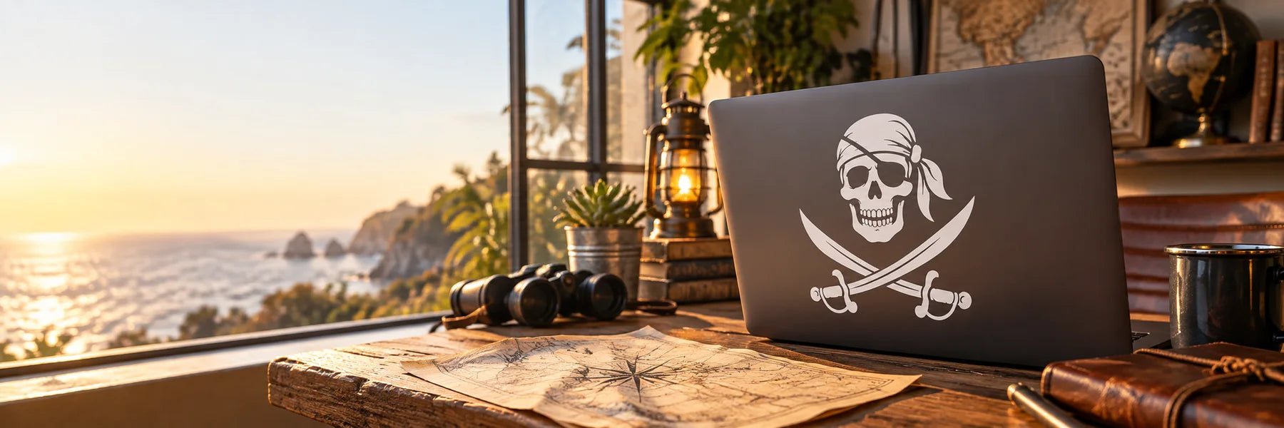 Illustrative Pirate Decals vinyl application in a realistic panoramic lifestyle scene.