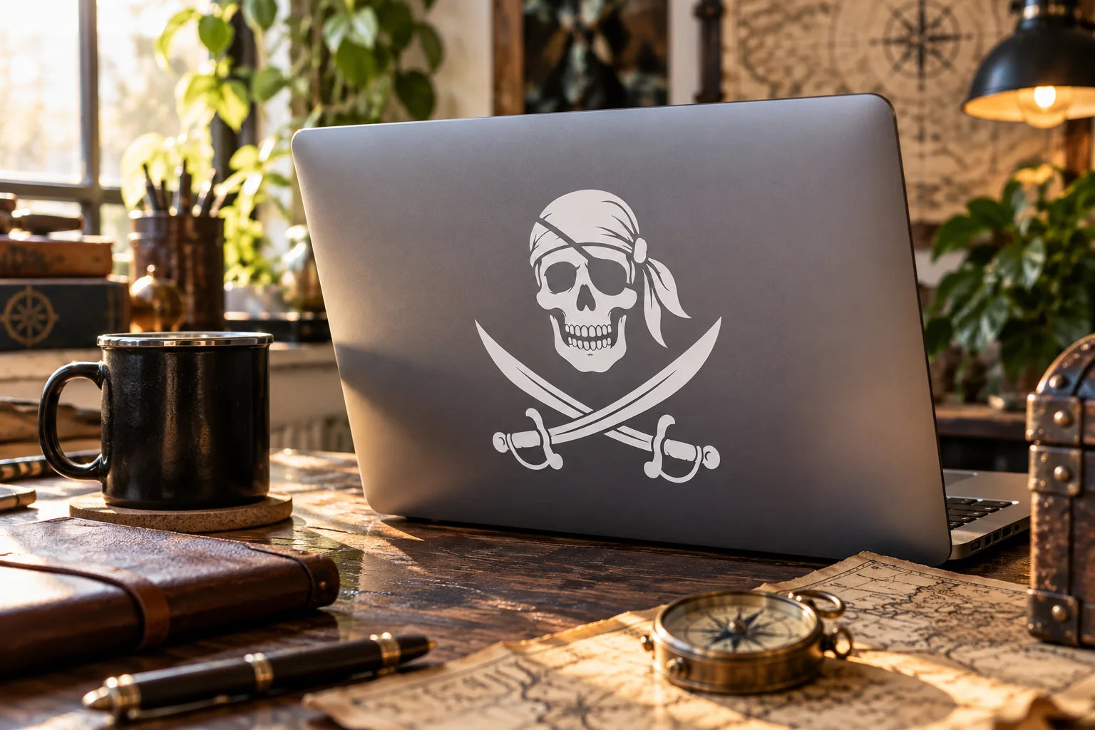 Illustrative Pirate Decals vinyl application in a realistic separate close-up lifestyle scene.