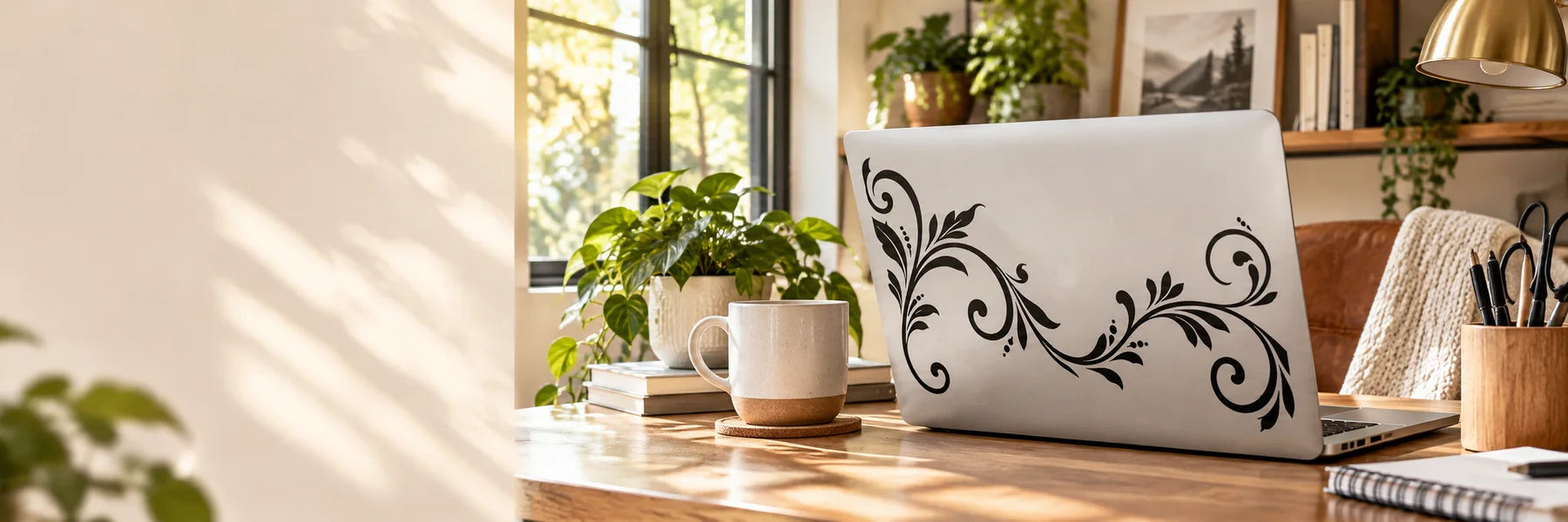 Illustrative Scroll Wall Decals vinyl application in a realistic panoramic lifestyle scene.