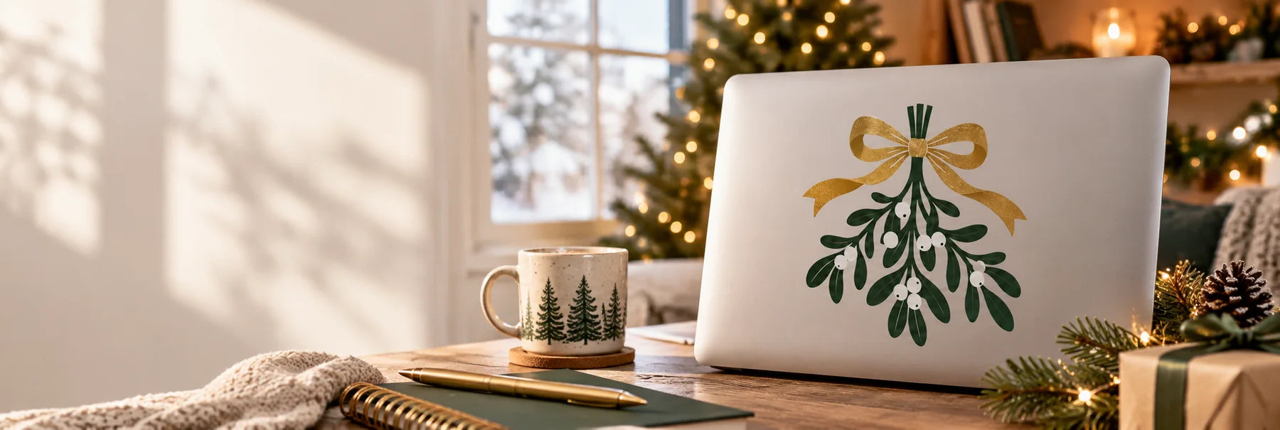 Illustrative Mistletoe Stickers vinyl application in a realistic panoramic lifestyle scene.
