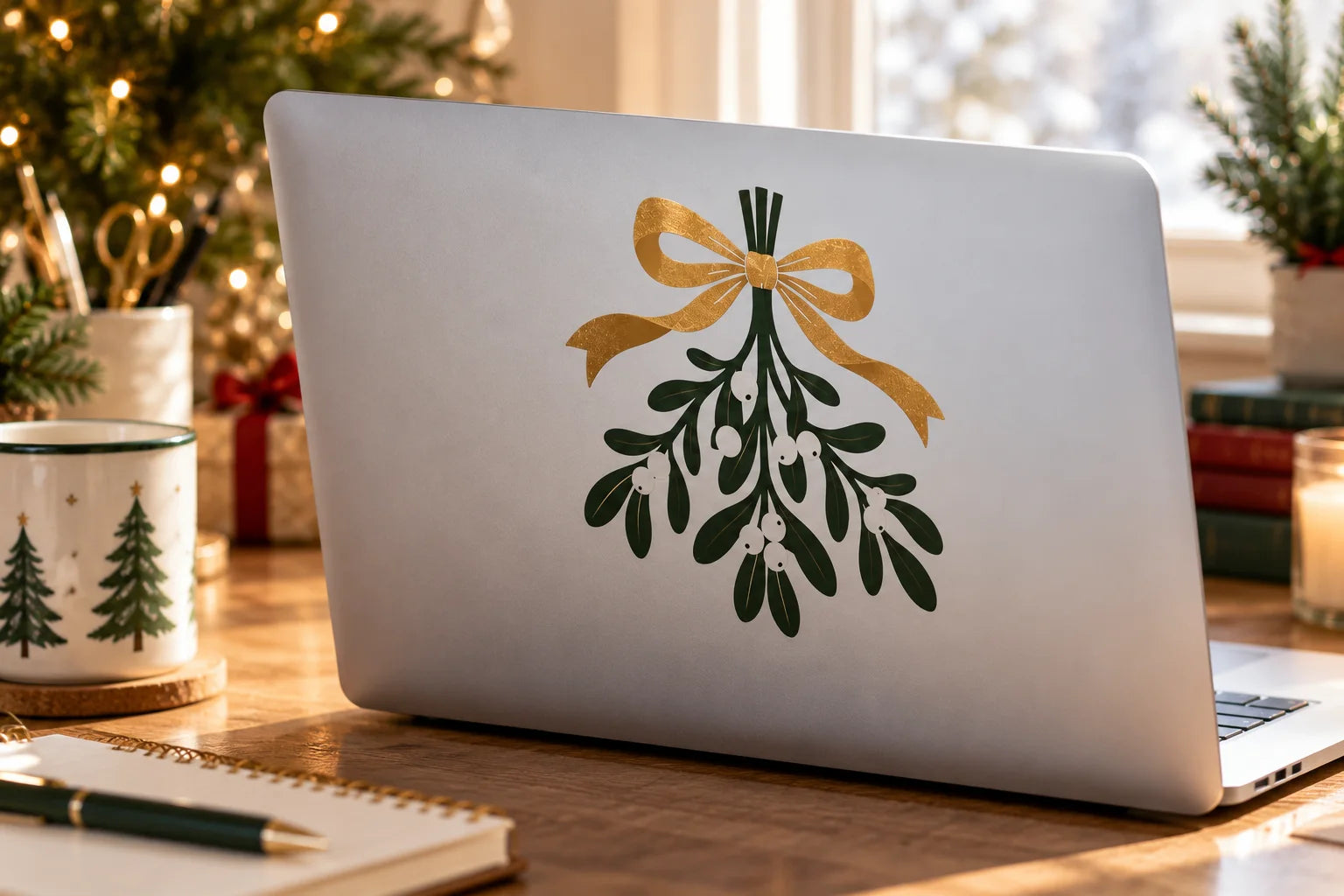 Illustrative Mistletoe Stickers vinyl application in a realistic separate close-up lifestyle scene.