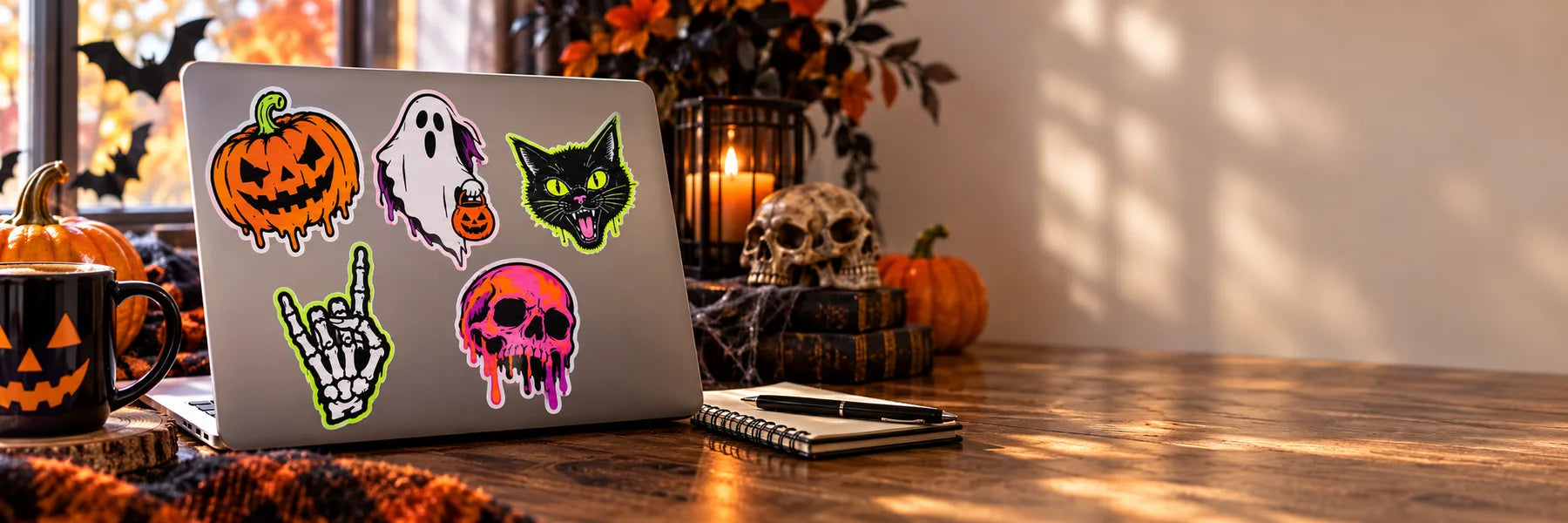 Illustrative Halloween Stickers vinyl application in a realistic panoramic lifestyle scene.