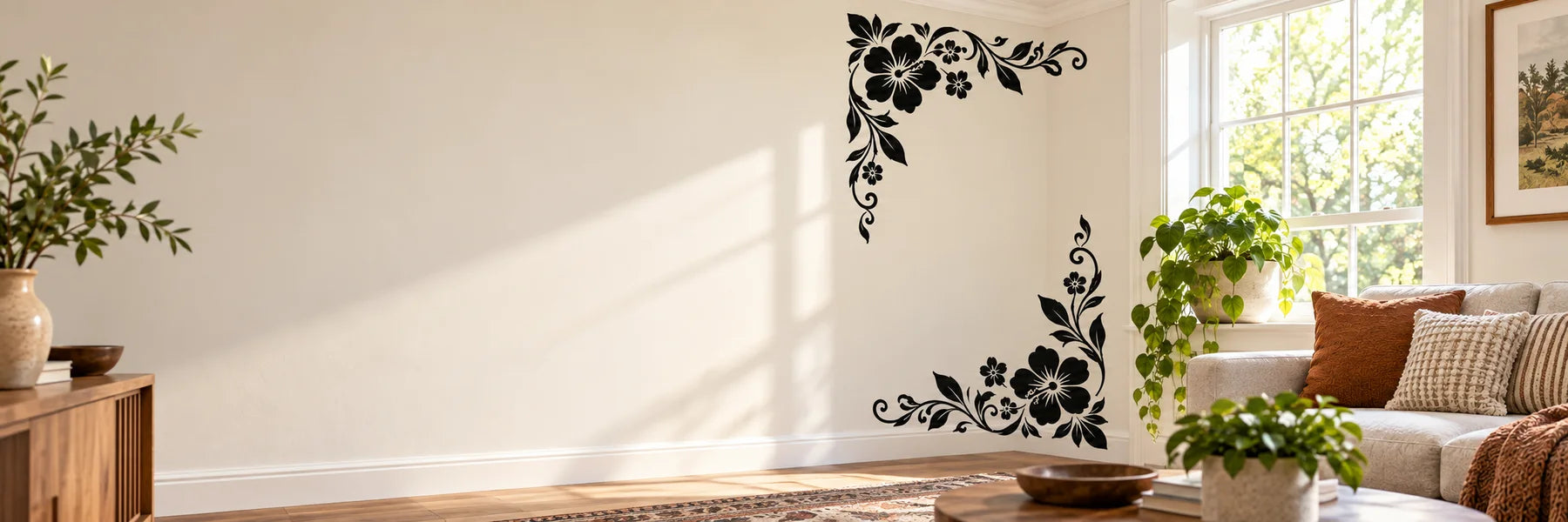 Illustrative Floral Corner Wall Decals vinyl application in a realistic panoramic lifestyle scene.
