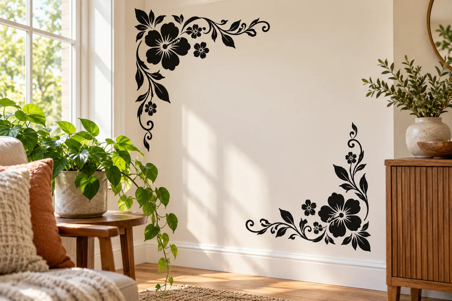 Illustrative Floral Corner Wall Decals vinyl application in a realistic separate close-up lifestyle scene.