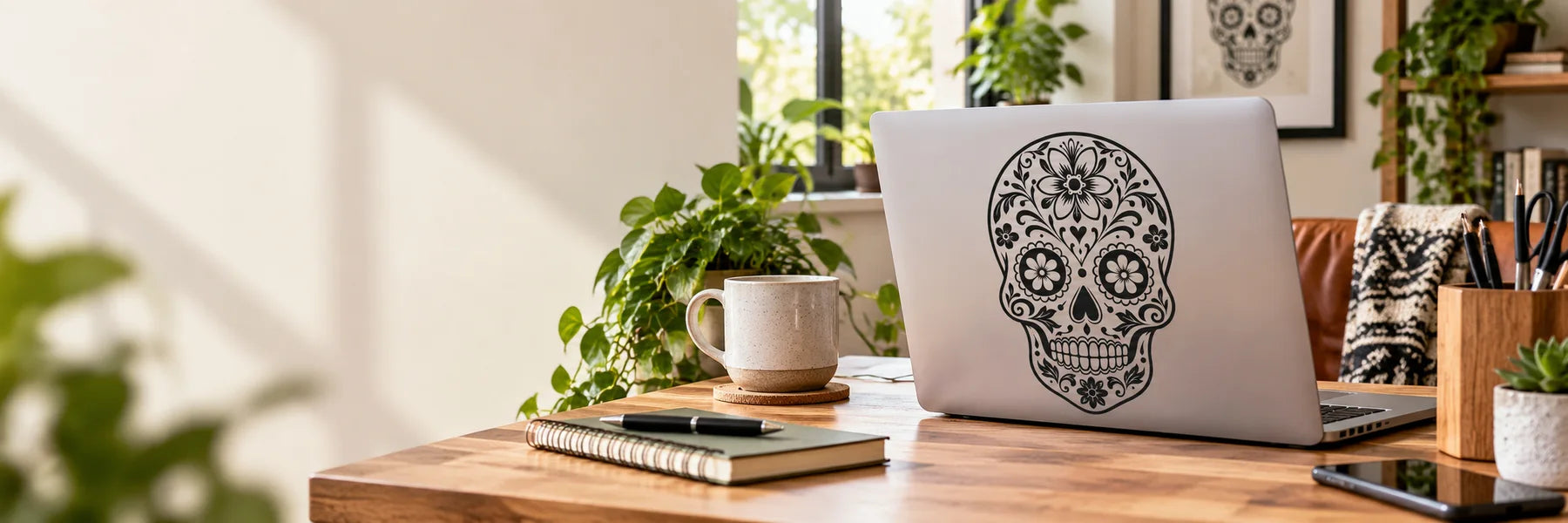 Illustrative Sugar Skull Decals vinyl application in a realistic panoramic lifestyle scene.