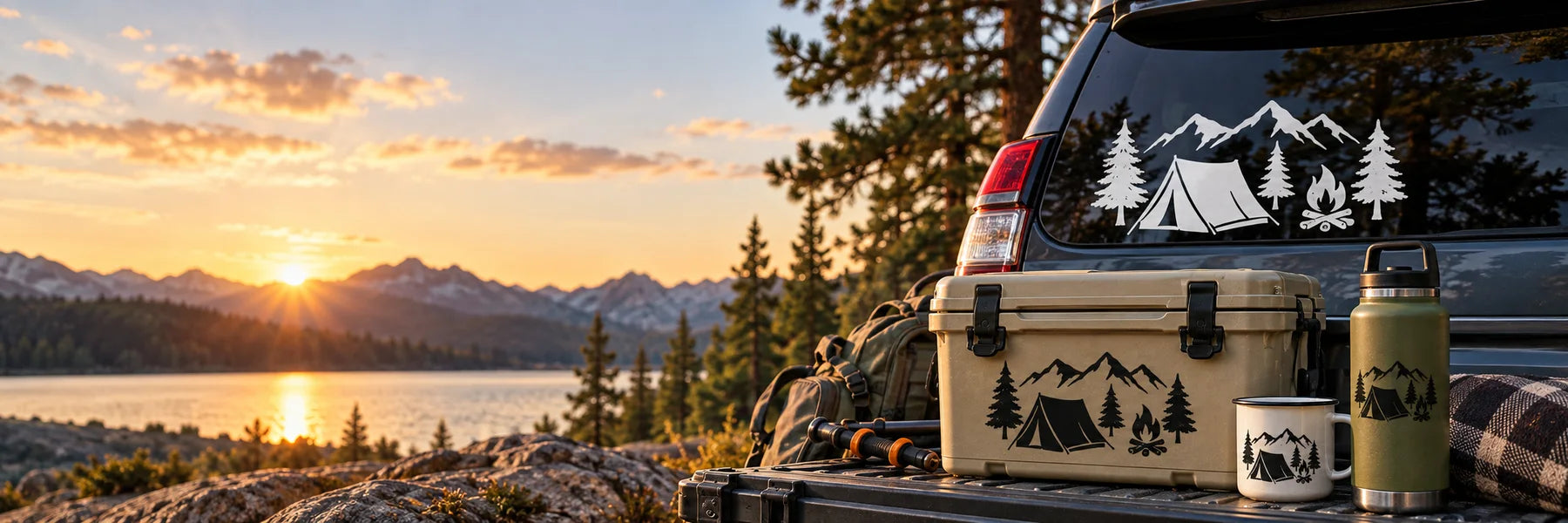 Illustrative Camping Decals vinyl application in a realistic panoramic lifestyle scene.