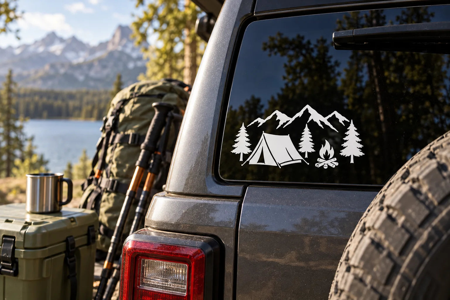Illustrative Camping Decals vinyl application in a realistic separate close-up lifestyle scene.