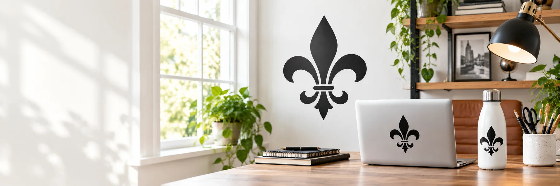 Illustrative Fleur De lis Wall Decal vinyl application in a realistic panoramic lifestyle scene.