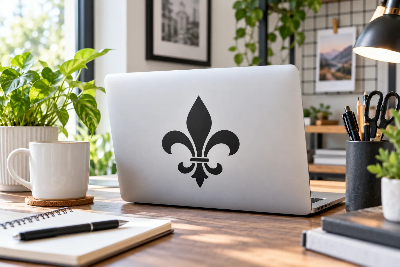 Illustrative Fleur De lis Wall Decal vinyl application in a realistic separate close-up lifestyle scene.