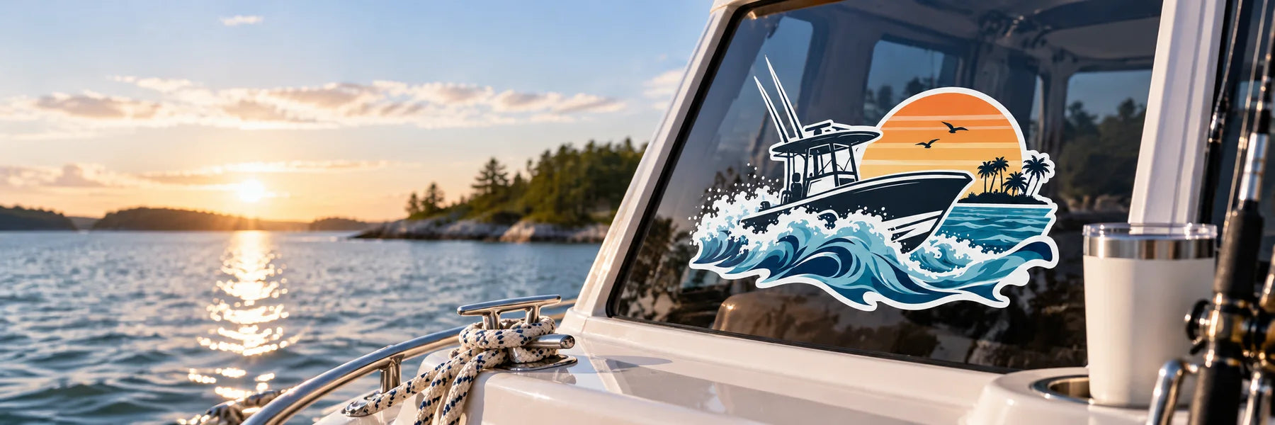 Illustrative Boat Stickers vinyl application in a realistic panoramic lifestyle scene.