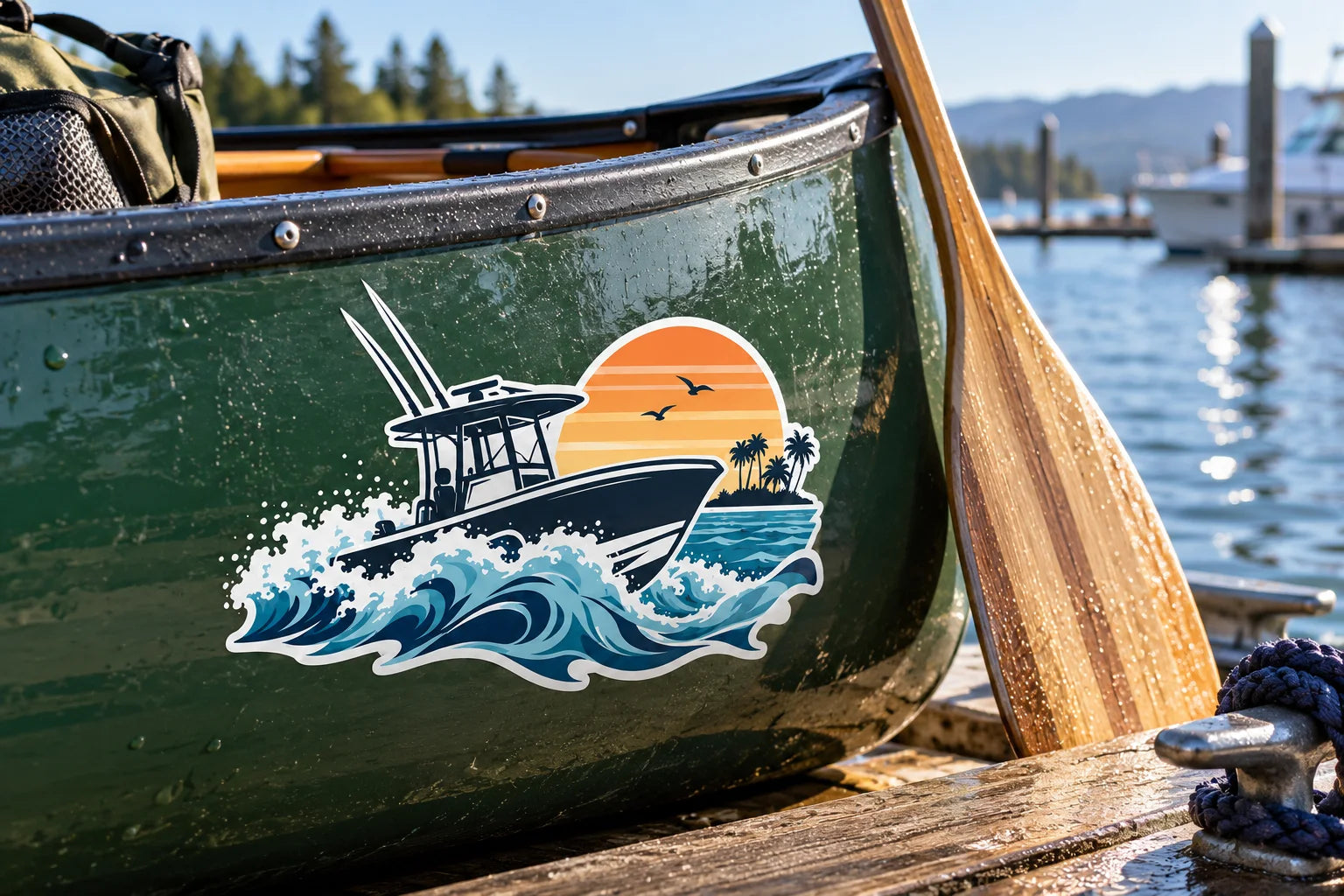 Illustrative Boat Stickers vinyl application in a realistic separate close-up lifestyle scene.