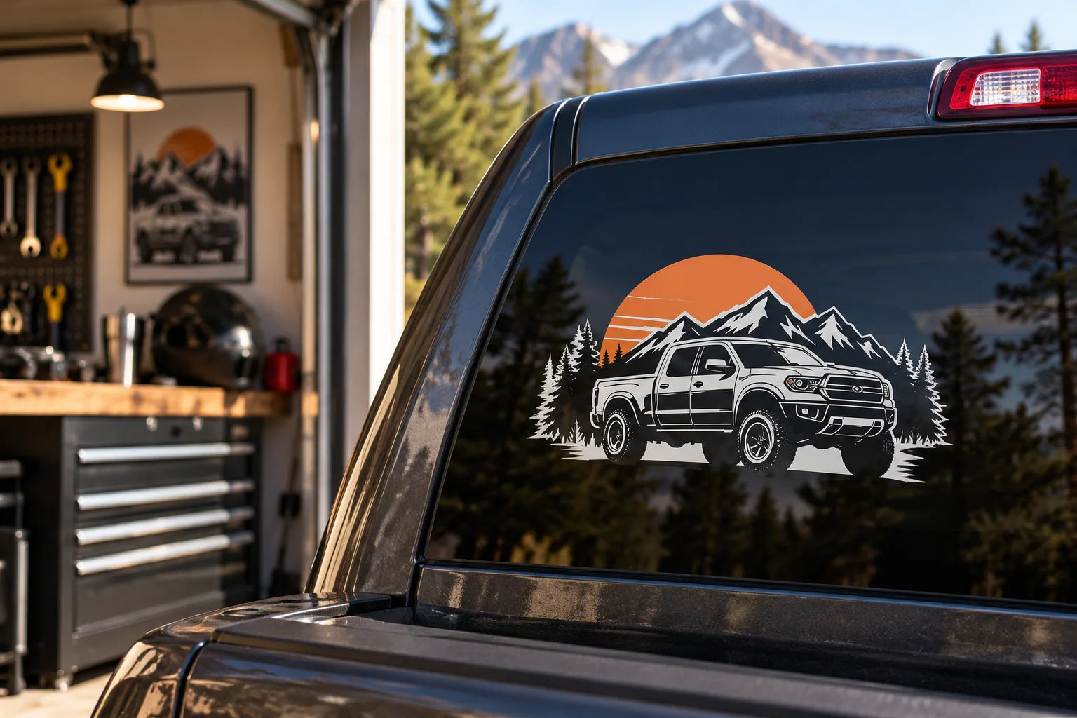 Illustrative Vehicle Stickers vinyl application in a realistic separate close-up lifestyle scene.