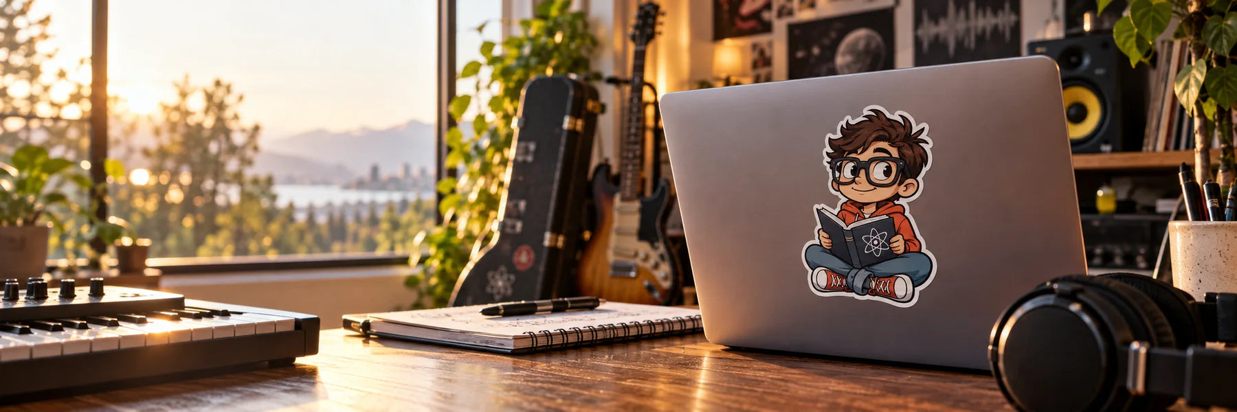 Illustrative Nerd Stickers vinyl application in a realistic panoramic lifestyle scene.