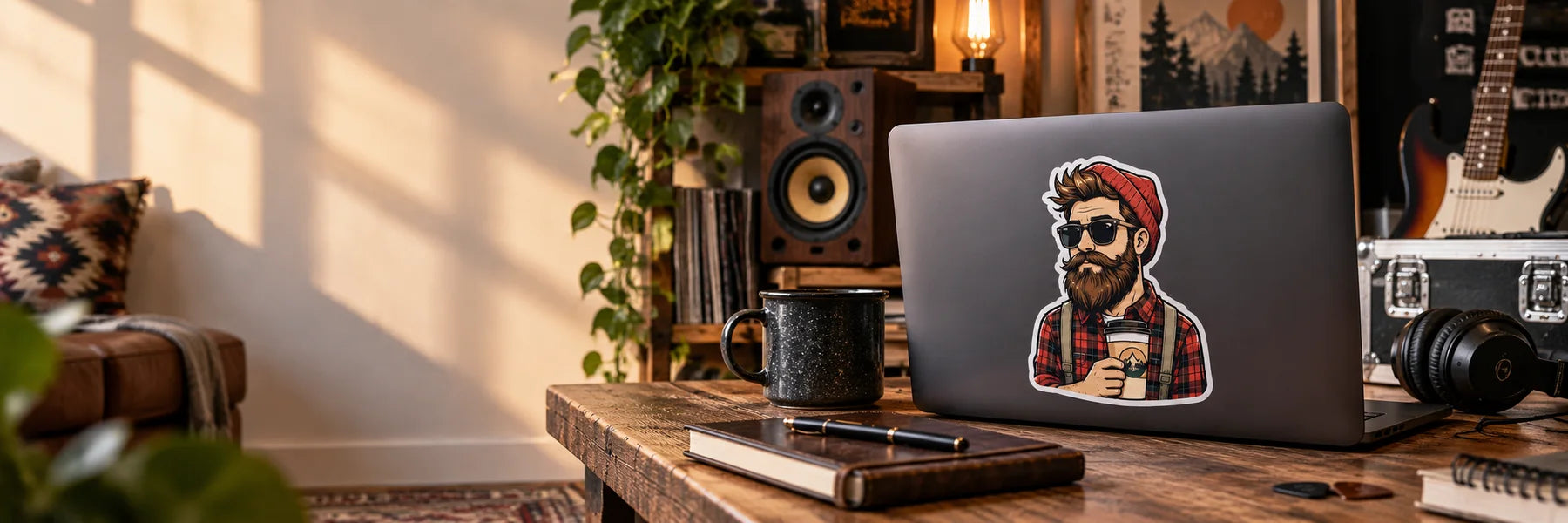 Illustrative Hipster Stickers vinyl application in a realistic panoramic lifestyle scene.