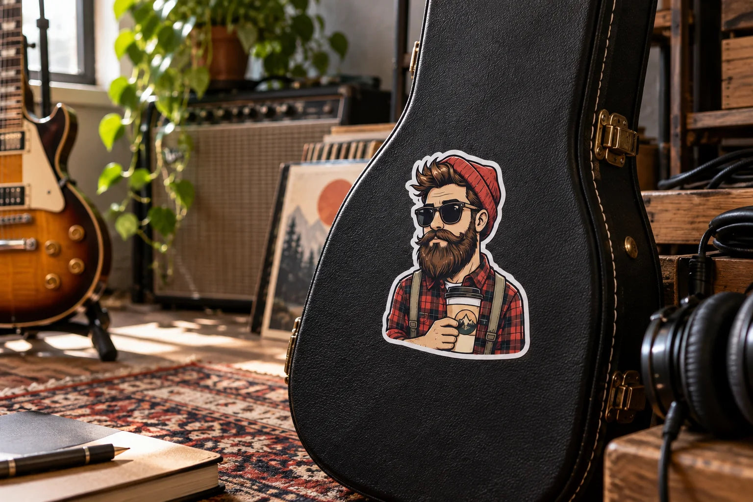 Illustrative Hipster Stickers vinyl application in a realistic separate close-up lifestyle scene.