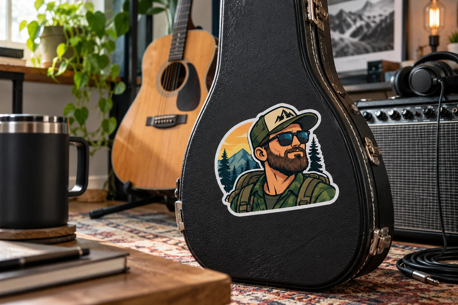 Illustrative Men Stickers vinyl application in a realistic separate close-up lifestyle scene.