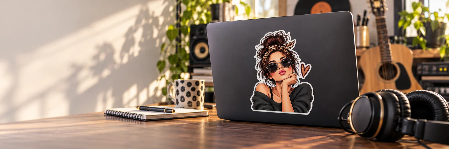 Illustrative Women Stickers vinyl application in a realistic panoramic lifestyle scene.