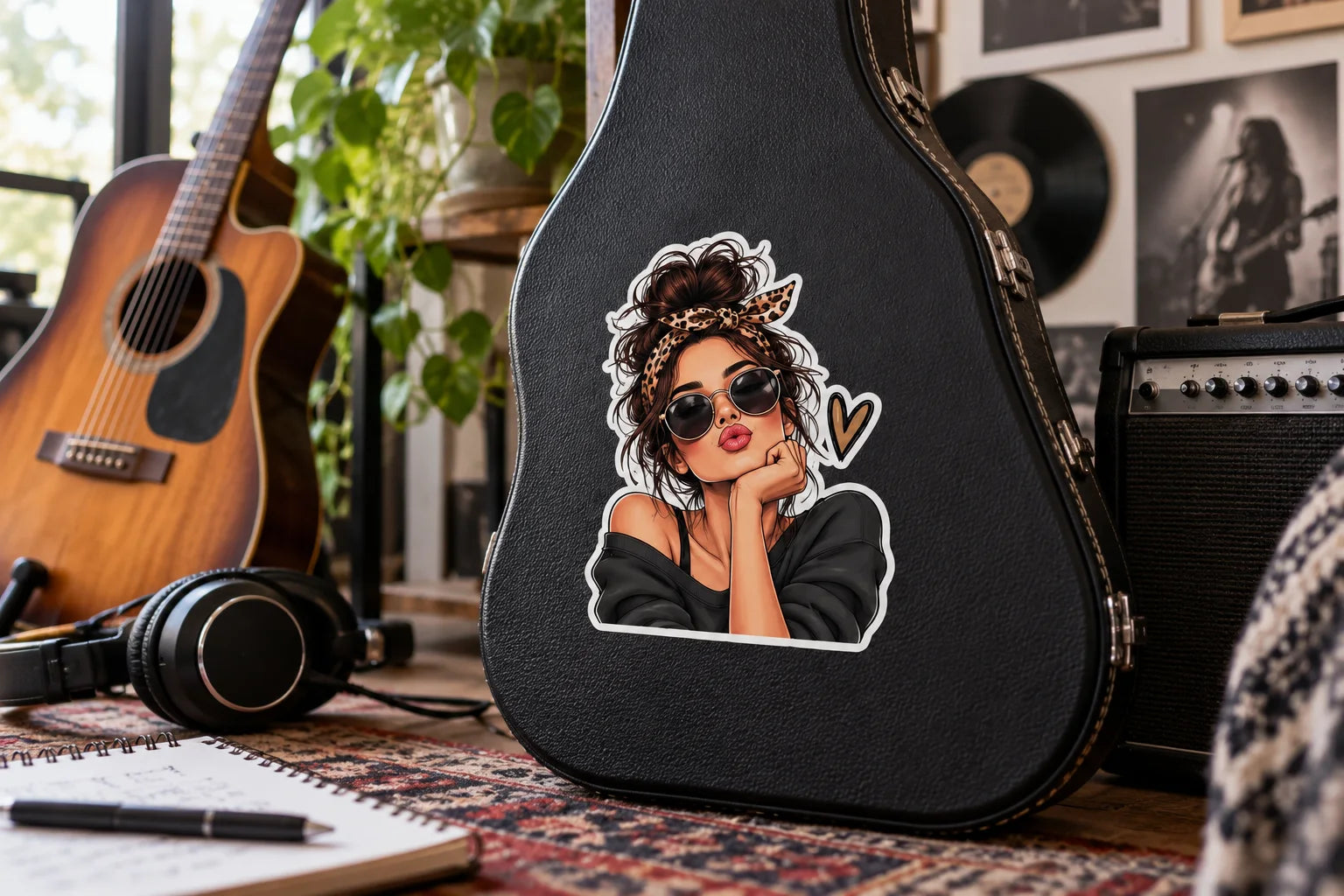 Illustrative Women Stickers vinyl application in a realistic separate close-up lifestyle scene.