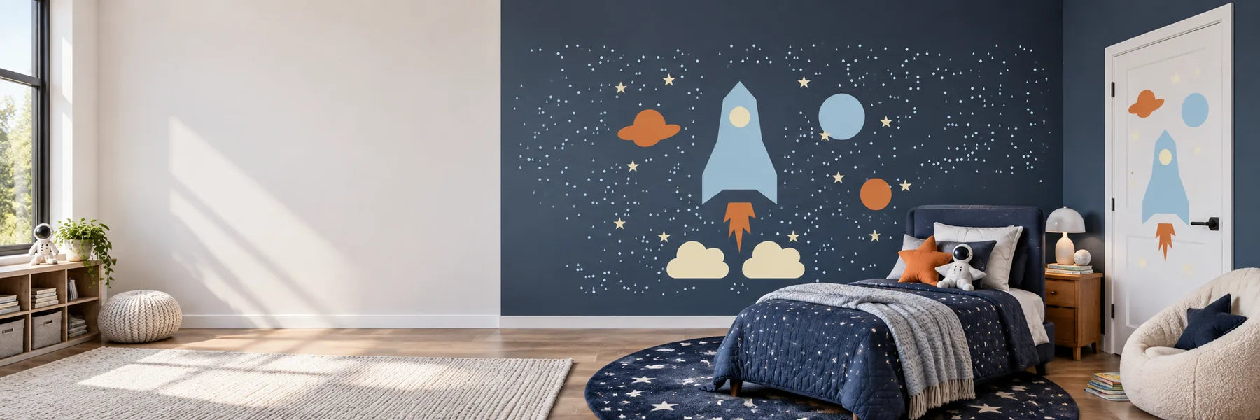 Illustrative Wall Decal Kits vinyl application in a realistic panoramic lifestyle scene.