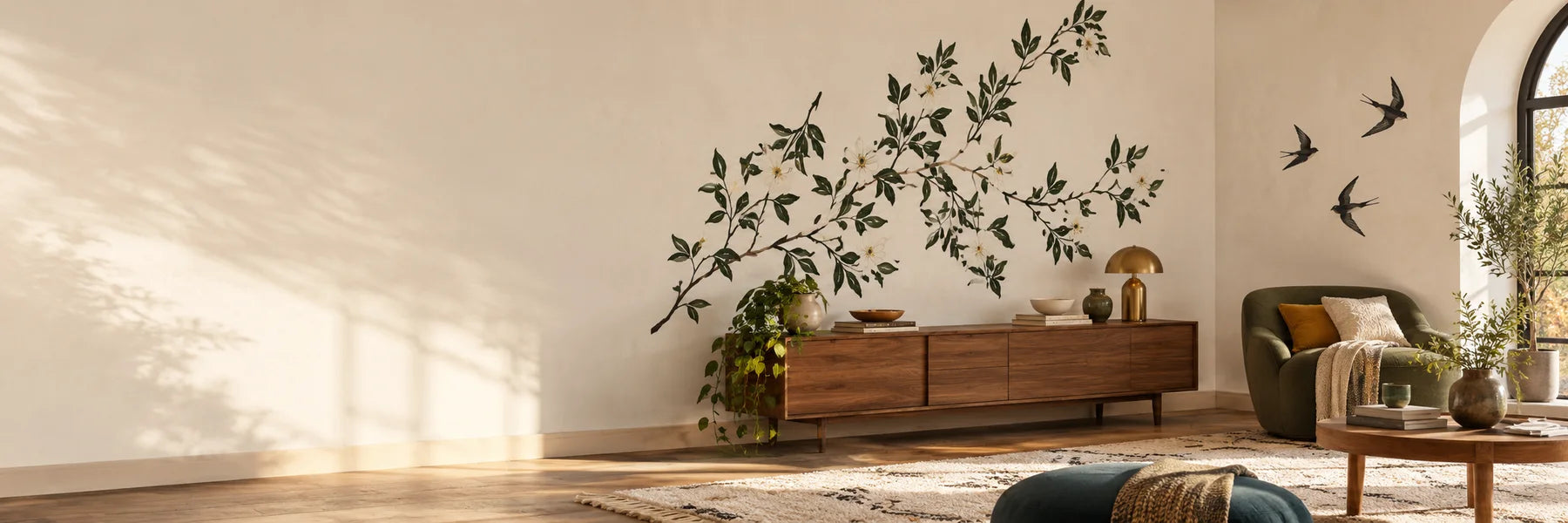 Original illustrative botanical wall decal and swallow graphics in a warm sunlit interior.