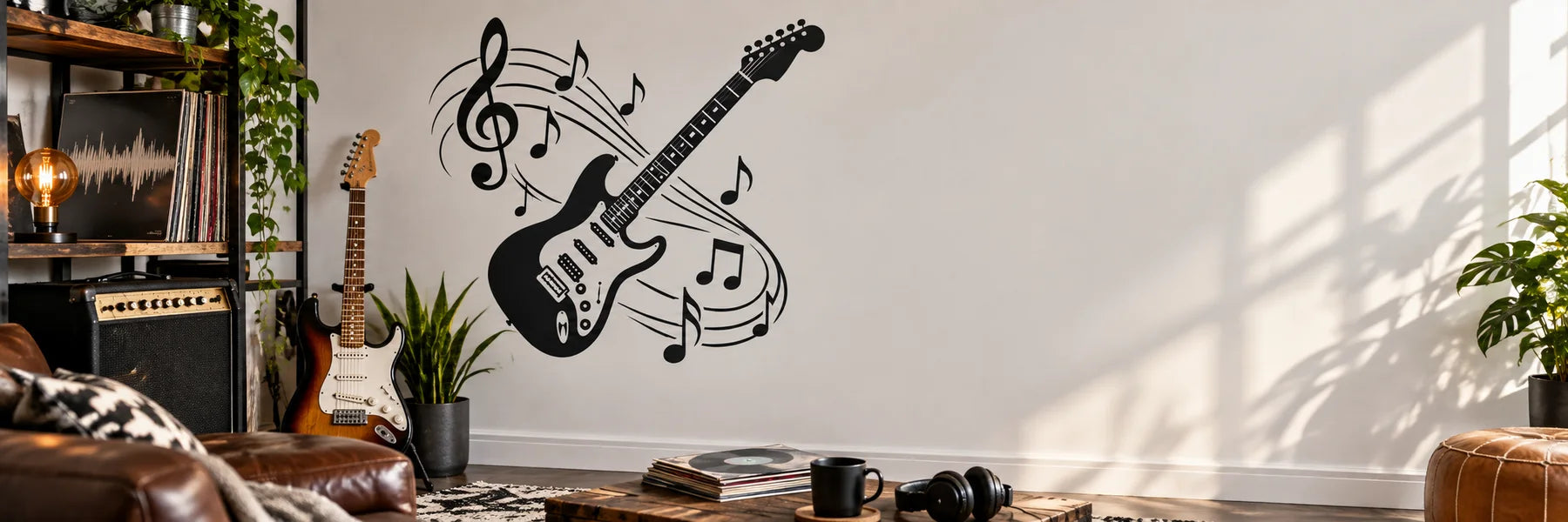 Illustrative Rock and Roll Wall Decals vinyl application in a realistic panoramic lifestyle scene.
