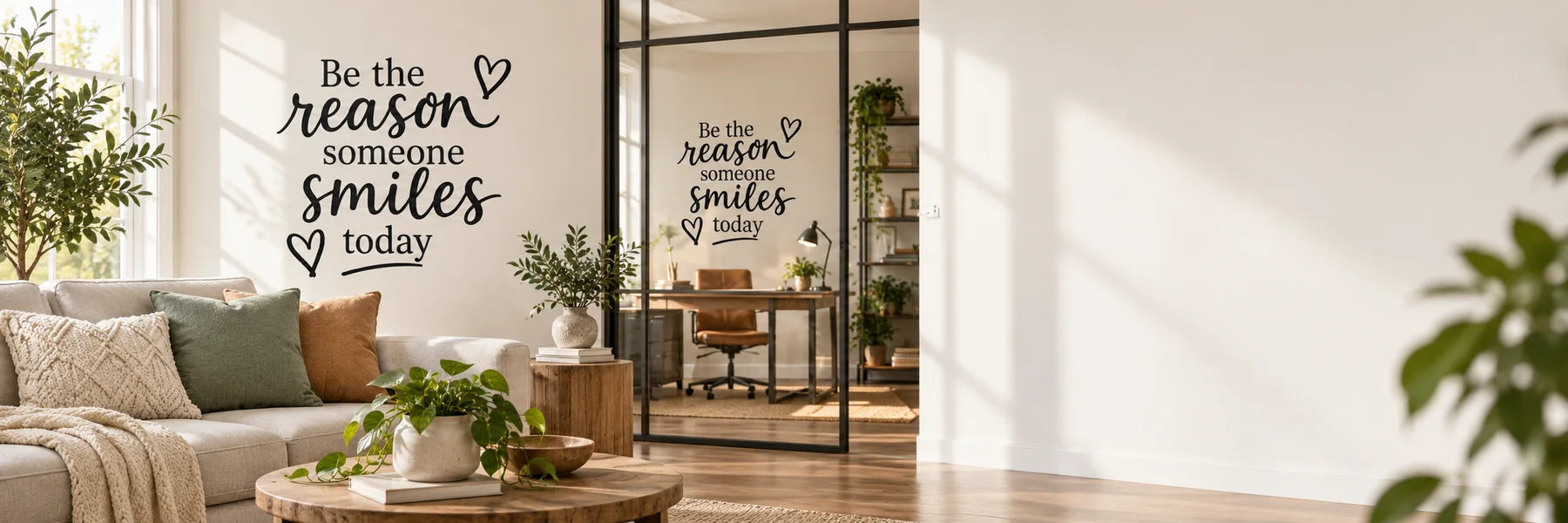 Illustrative Wall Quote Decals vinyl application in a realistic panoramic lifestyle scene.