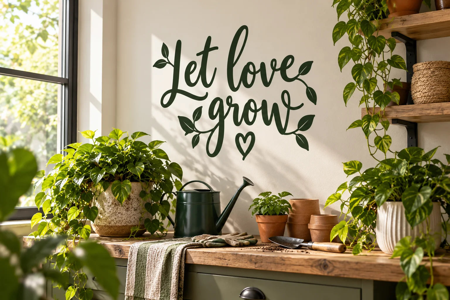 Illustrative Gardening Quote Decals vinyl application in a realistic separate close-up lifestyle scene.
