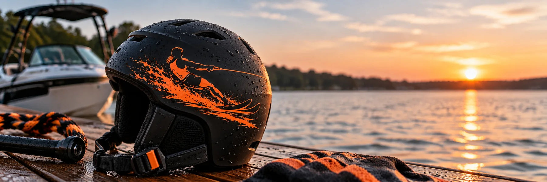 Illustrative Water Skiing Decals vinyl application in a realistic panoramic lifestyle scene.