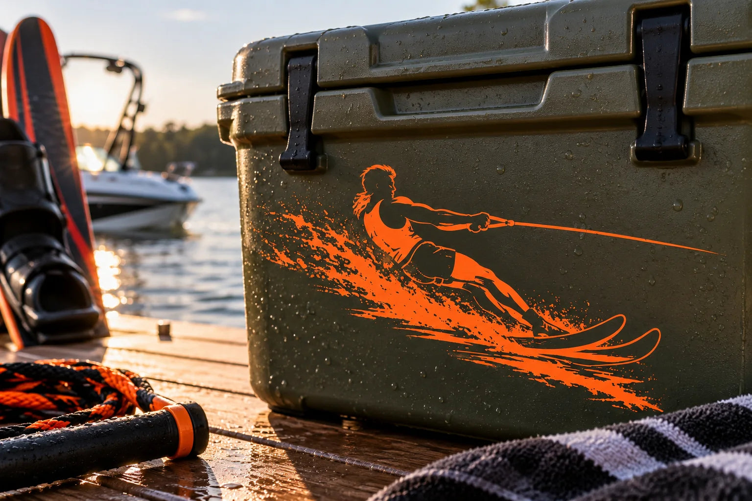 Illustrative Water Skiing Decals vinyl application in a realistic separate close-up lifestyle scene.