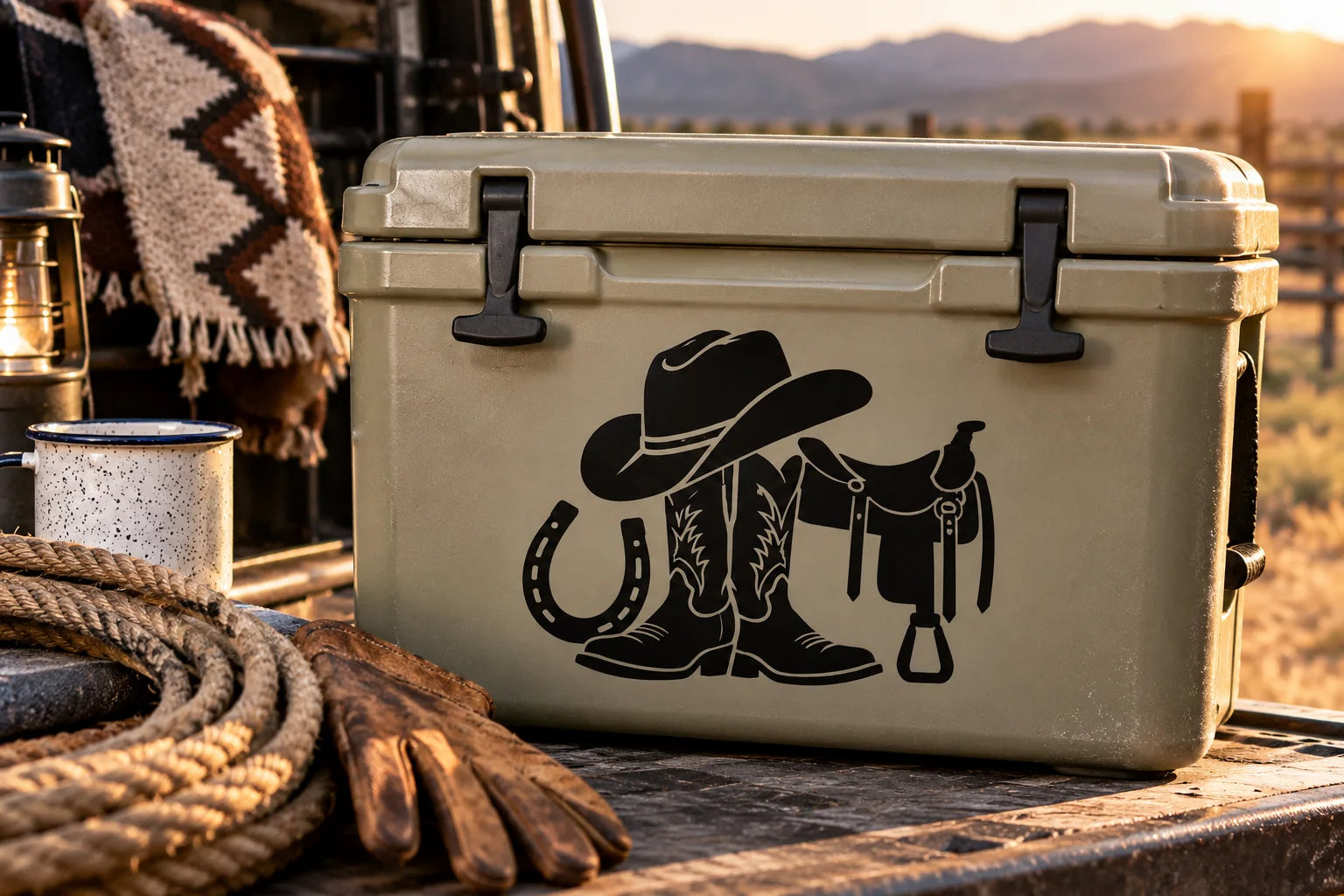 Illustrative Western Items vinyl application in a realistic separate close-up lifestyle scene.