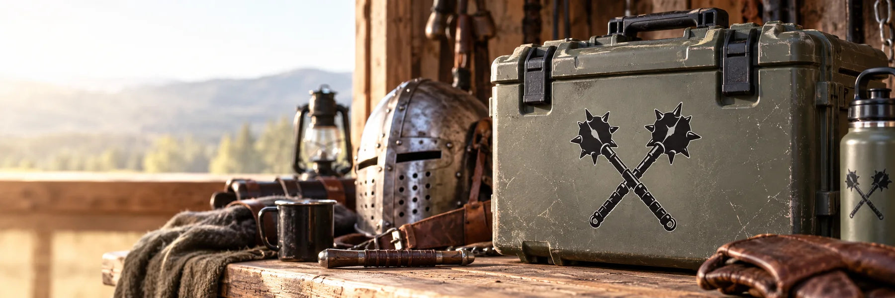 Illustrative Medieval Weapon Decals vinyl application in a realistic panoramic lifestyle scene.
