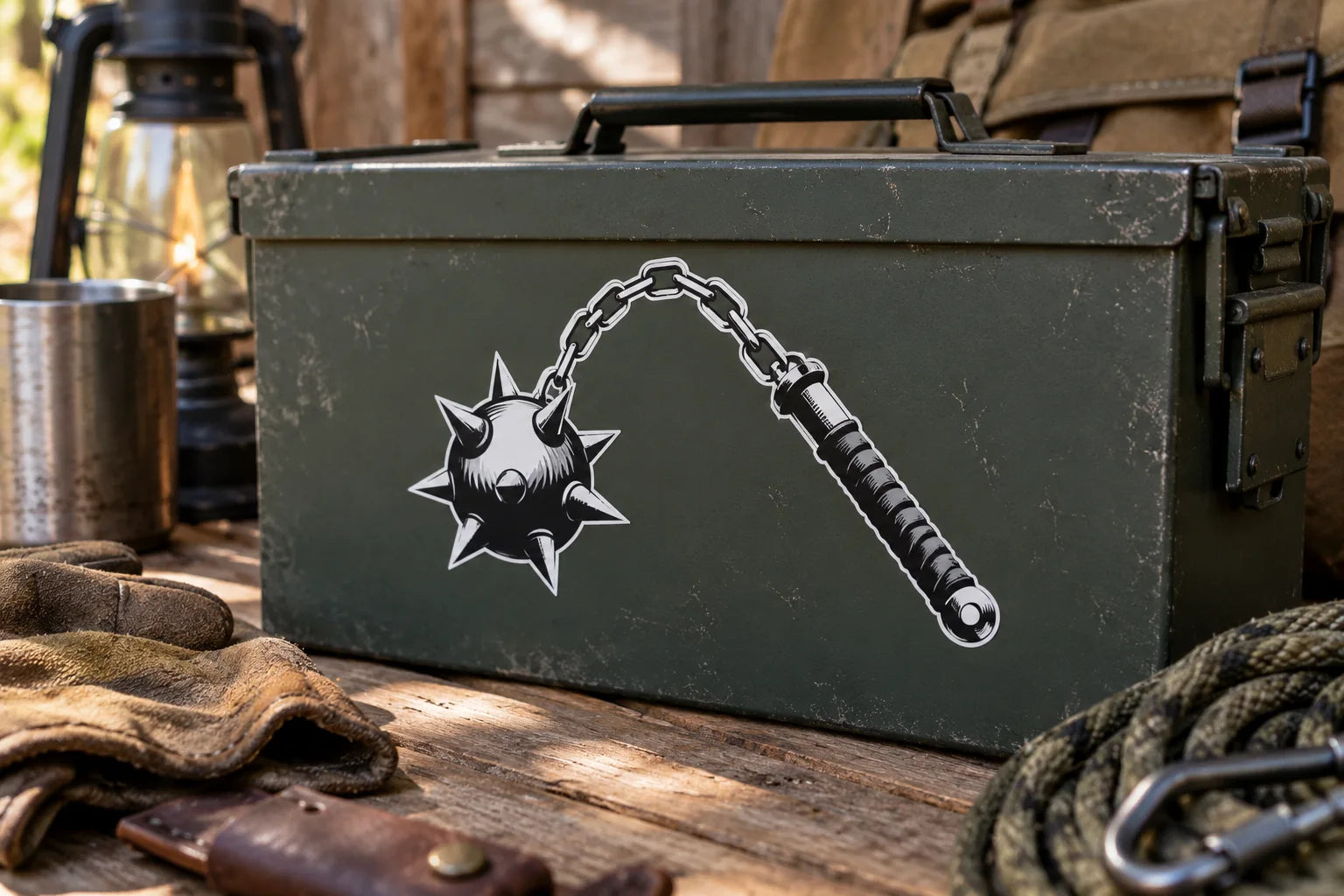 Illustrative Medieval Weapon Decals vinyl application in a realistic separate close-up lifestyle scene.