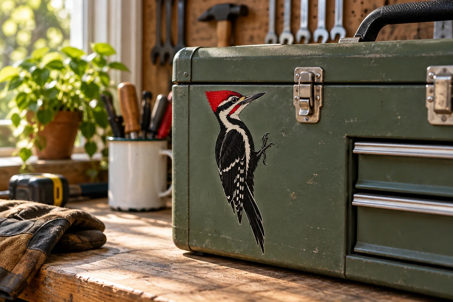 Illustrative Woodpecker Decals vinyl application in a realistic separate close-up lifestyle scene.