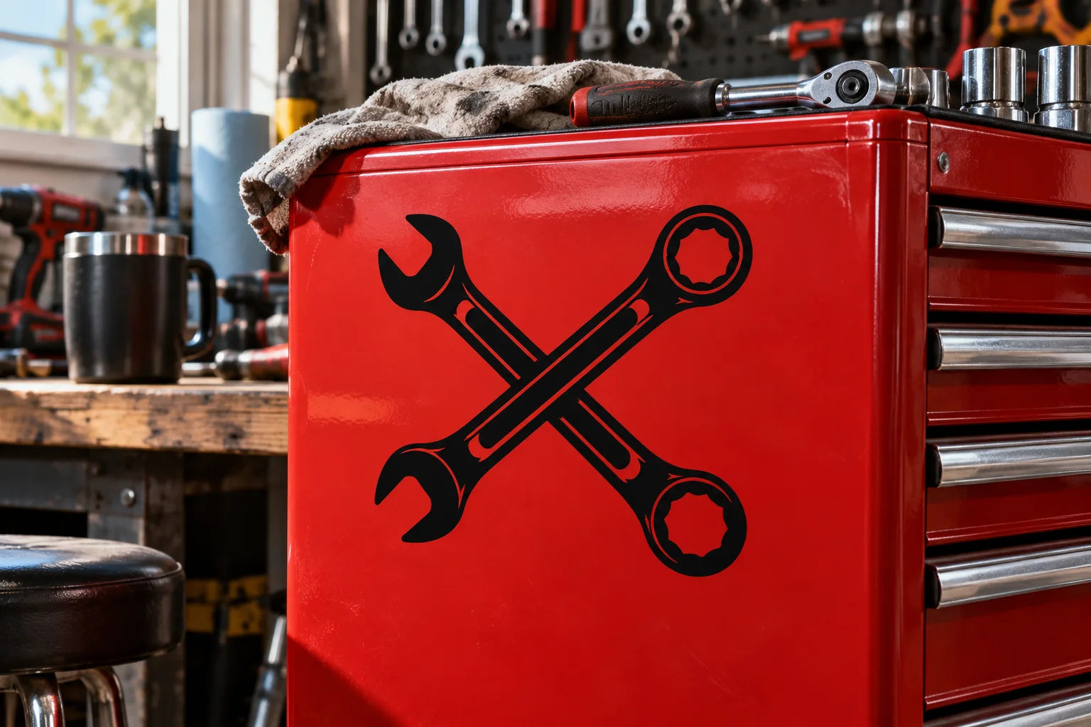 Illustrative Wrenches vinyl application in a realistic separate close-up lifestyle scene.