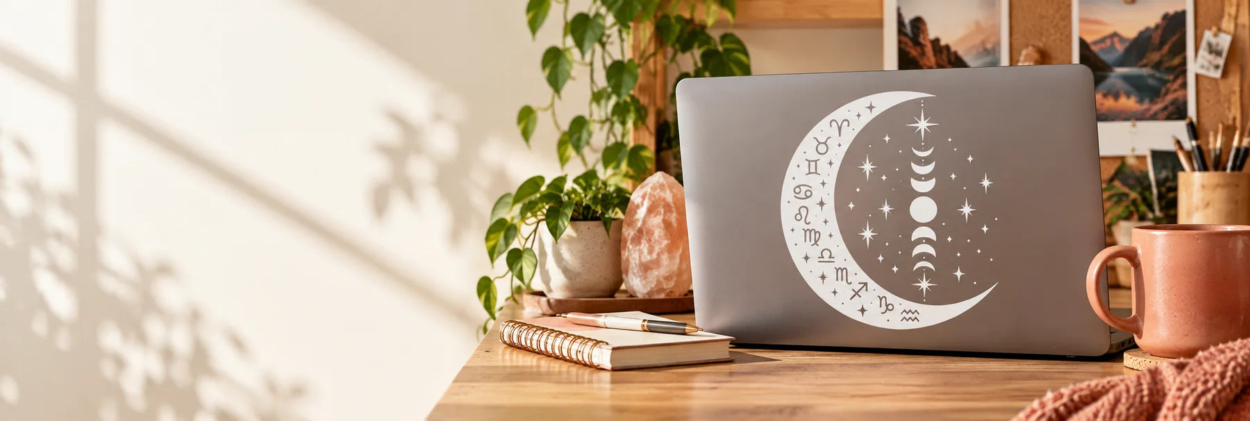 Illustrative Zodiac Moons vinyl application in a realistic panoramic lifestyle scene.