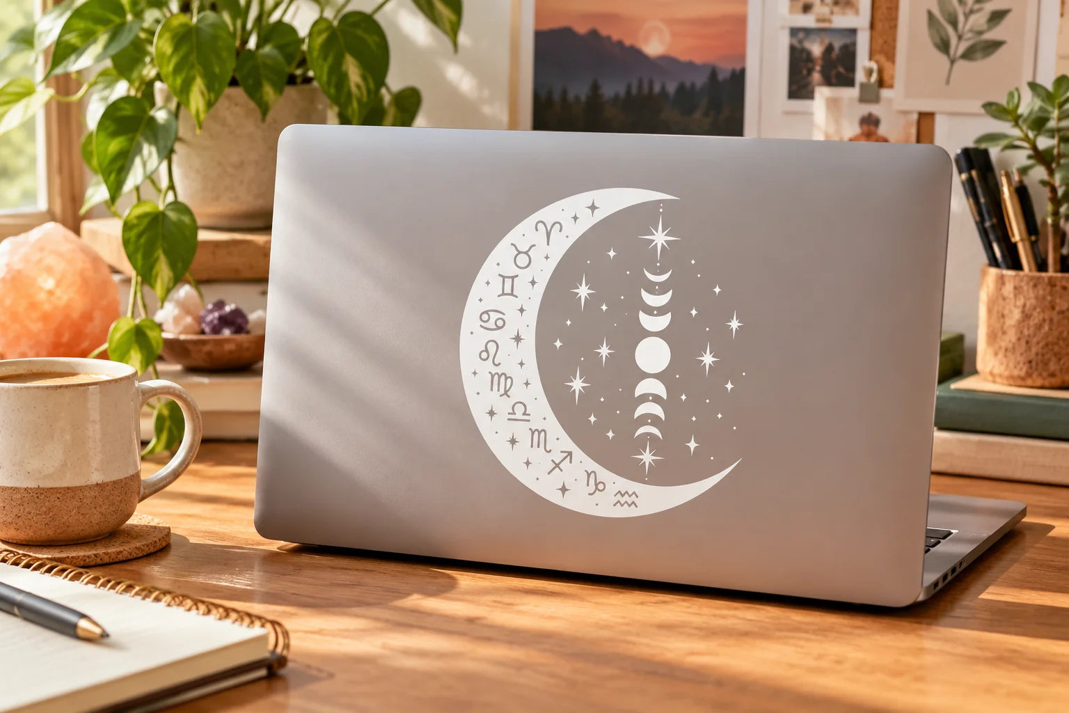 Illustrative Zodiac Moons vinyl application in a realistic separate close-up lifestyle scene.