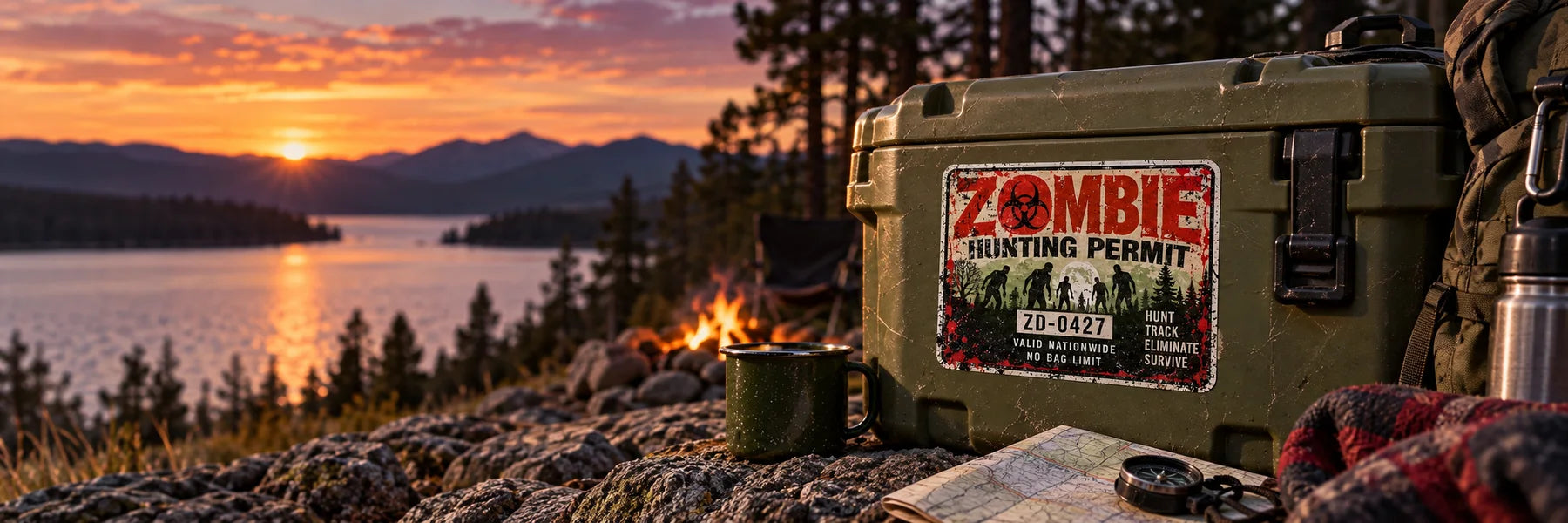 Illustrative Zombie Hunting Permit vinyl application in a realistic panoramic lifestyle scene.