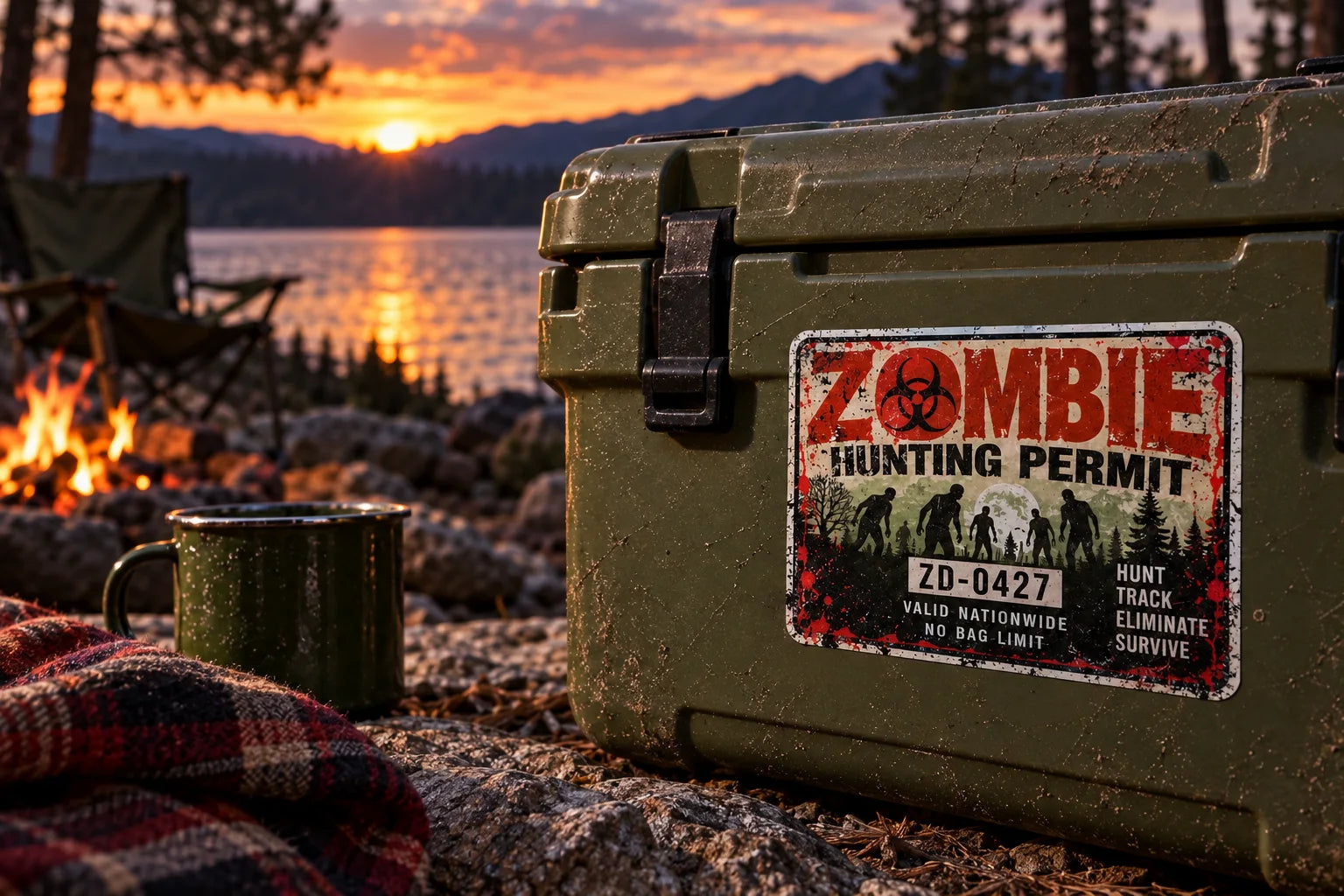 Illustrative Zombie Hunting Permit vinyl application in a realistic separate close-up lifestyle scene.
