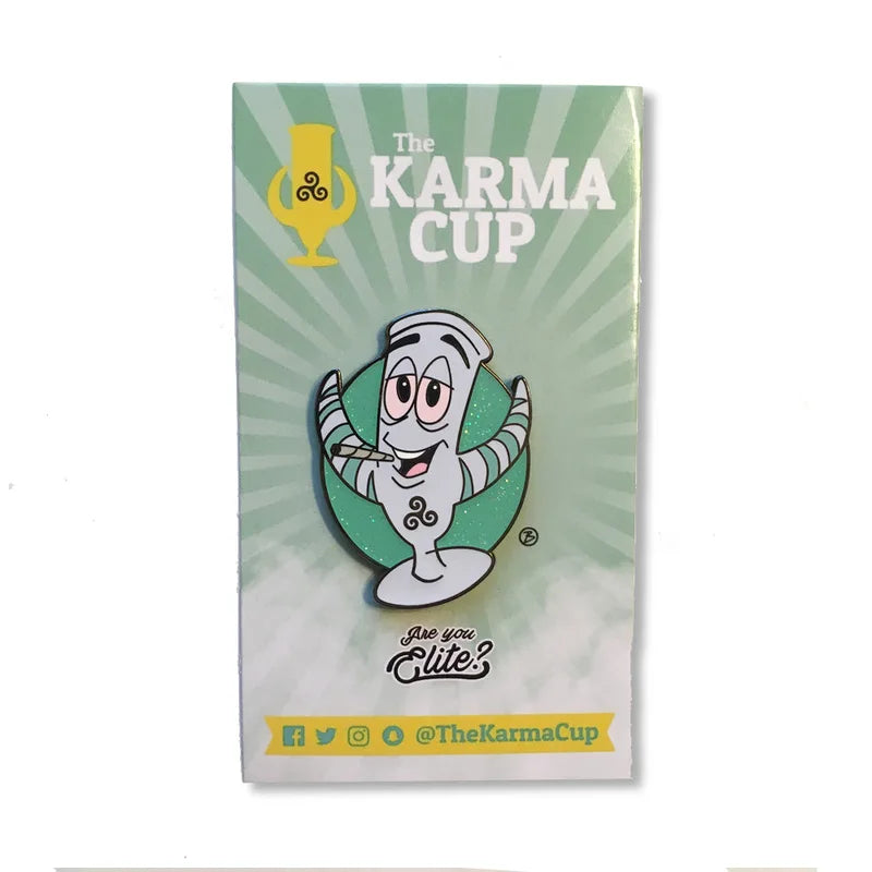 Packaged Karma Cup Cuppy glitter pin from Rodger Beck’s store