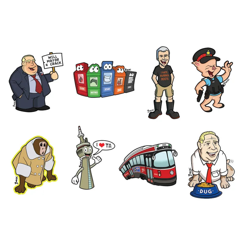 Eight illustrated stickers from Rodger Beck’s Toronto series