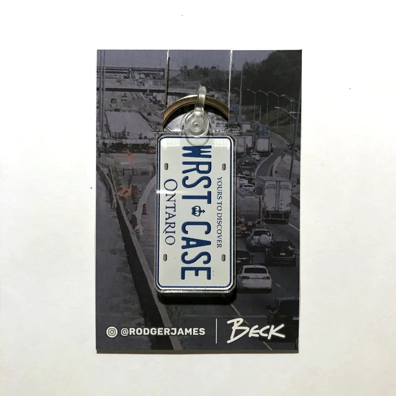 Packaged WRST CASE Ontario keychain with @rodgerjames and Beck branding
