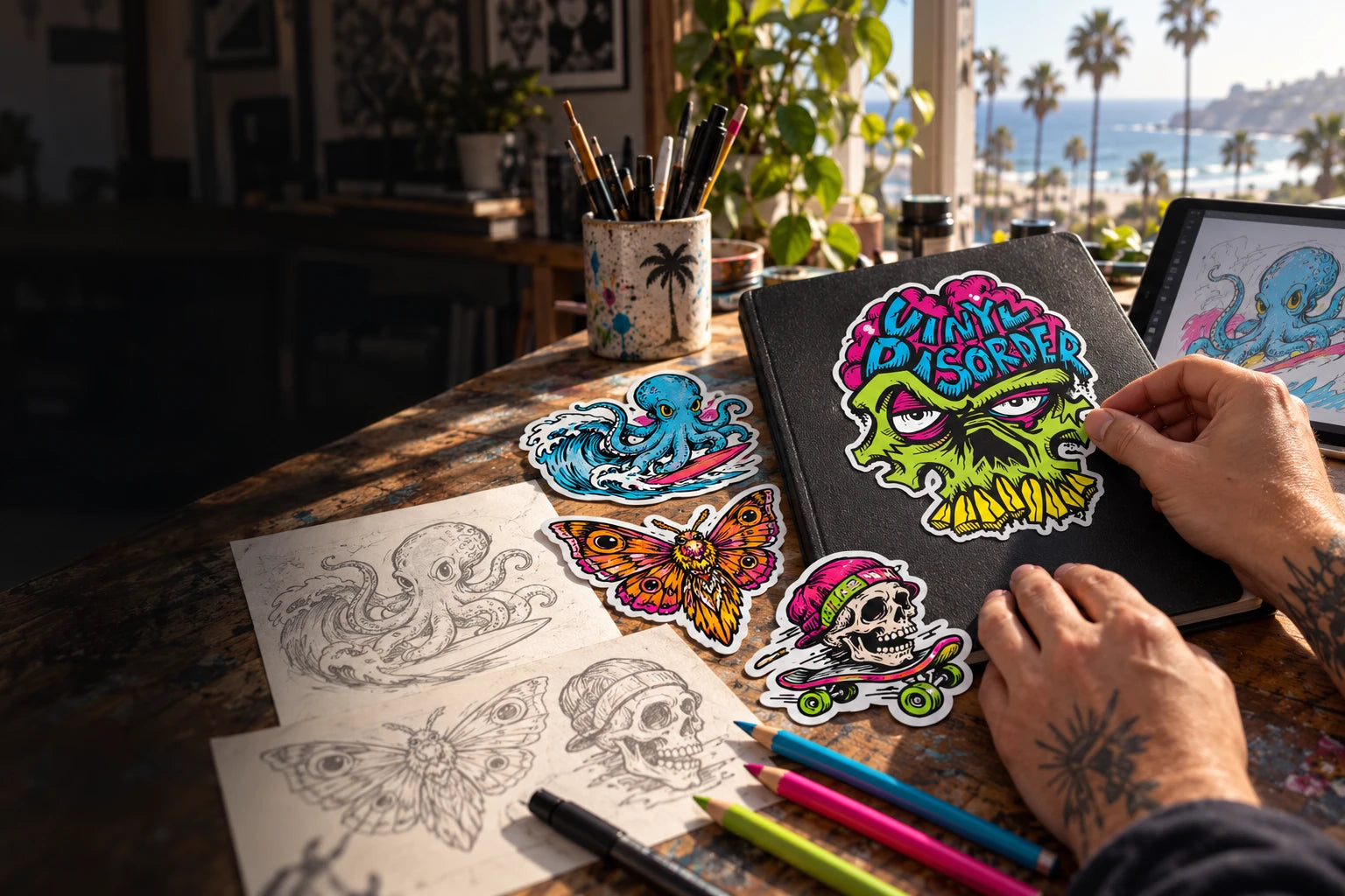 Illustrative Dana Point artist workspace with sketches, full-color stickers and the Vinyl Disorder skull