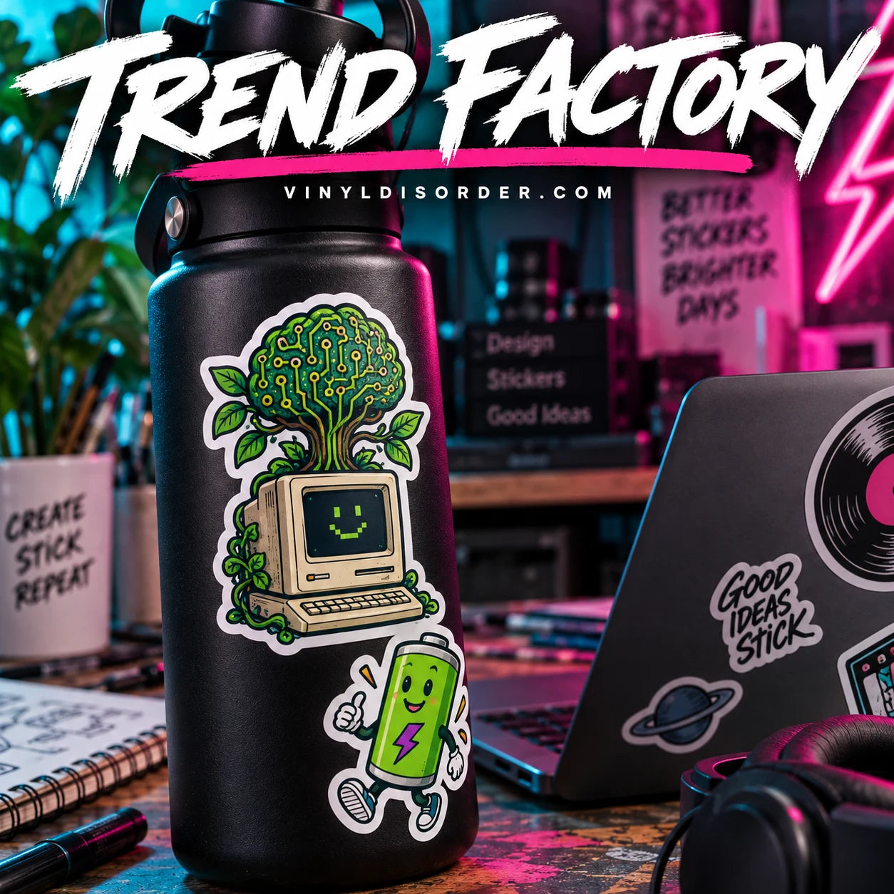 Trend Factory vinyl stickers on a bottle and laptop in a colorful creative studio