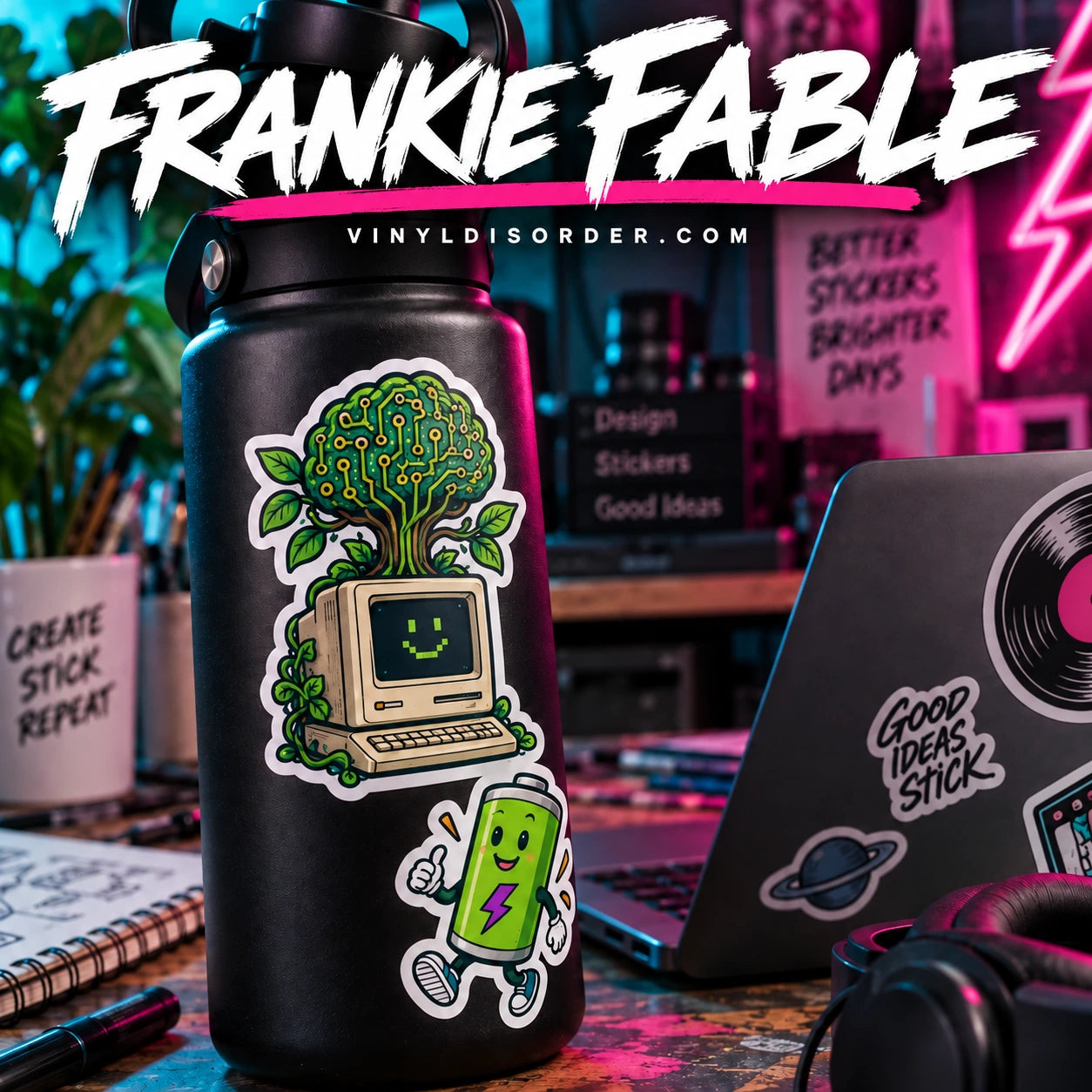 Frankie Fable vinyl stickers on a bottle and laptop in a colorful creative studio